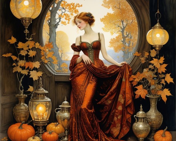 Woman in Autumn Gown by Window with Seasonal Decor