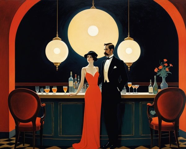 Stylish Couple at Bar with Art Deco Elements