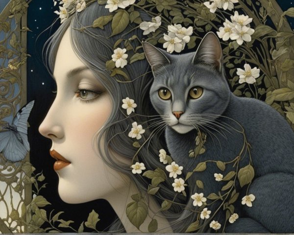 Serene woman with blossoms and a gray cat in nature