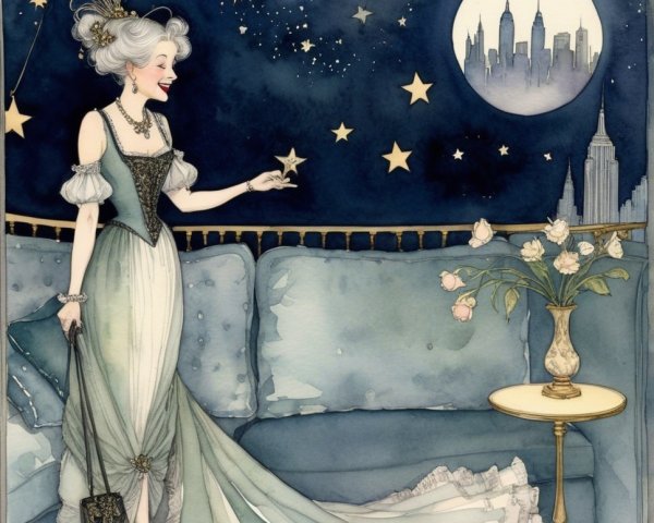 Elegant Woman on Balcony with Starry Night Sky