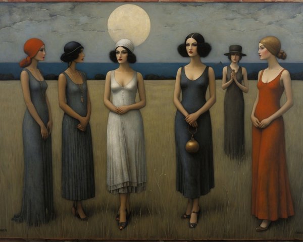 Surreal Digital Painting of Six Women Under Moonlight