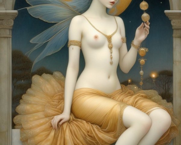 Blue-skinned winged female figure with golden jewelry under full moon holding orbs