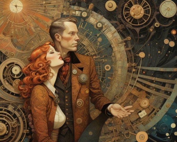 Steampunk Couple in Vintage Attire with Gears Background