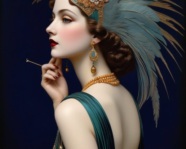Stylized portrait of a woman in teal and gold attire