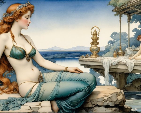 Elegant Women in Serene Landscape with Tranquil Water