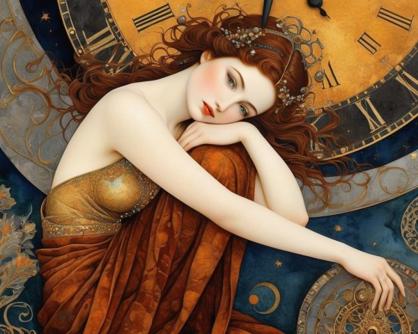 Serene Woman in Golden Gown Against Celestial Clocks