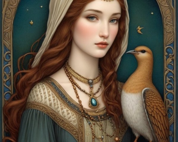Medieval Woman with Red Hair and Celestial Background