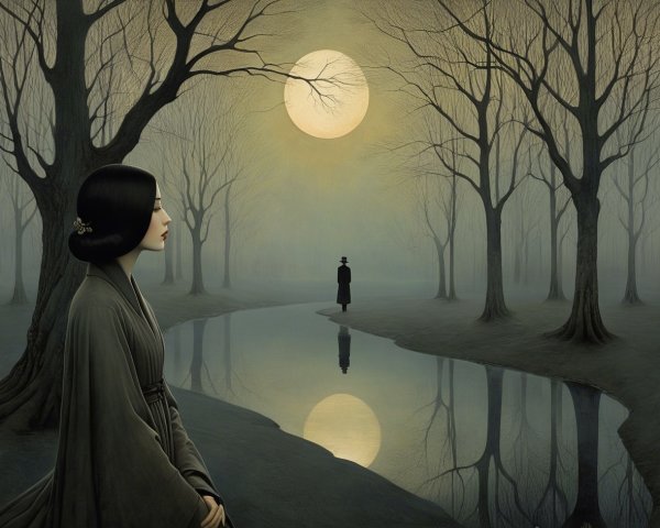 Ethereal Digital Painting of Melancholic Woman in Dress