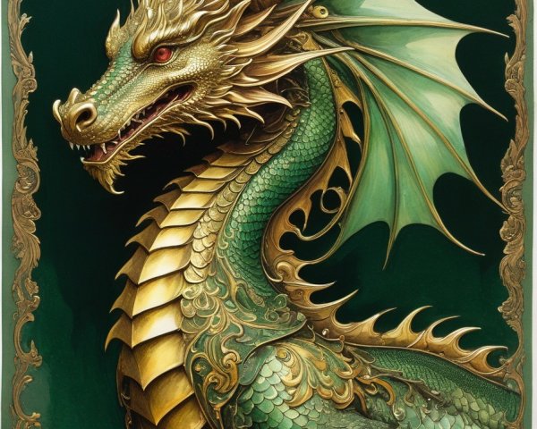 Golden dragon illustration with green scales and red eyes in ornate border on dark green.