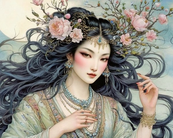 Illustration of a woman with dark hair and flowers