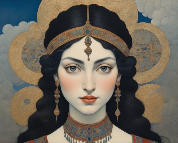 Portrait of a Woman with Gold Ornaments and Vibrant Garment