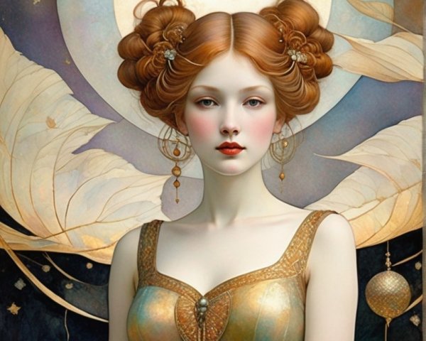 Ethereal woman portrait with celestial motifs in warm tones