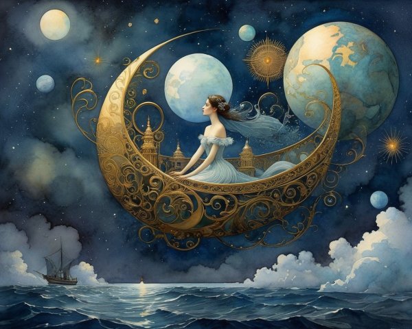 Serene Maiden on Crescent Moon with Cosmic Backdrop