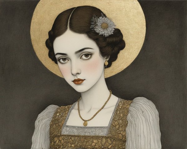Vintage Portrait of a Woman with Halo and Linework