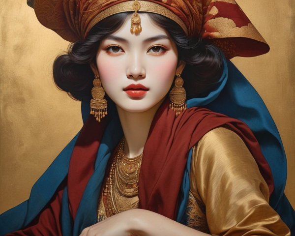 Portrait of a Woman in Vibrant Fabrics and Gold Backdrop