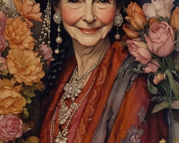 Elderly Woman in Floral Setting with Elegant Attire