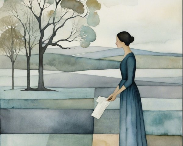 Serene Artwork of Woman in Blue Dress in Landscape