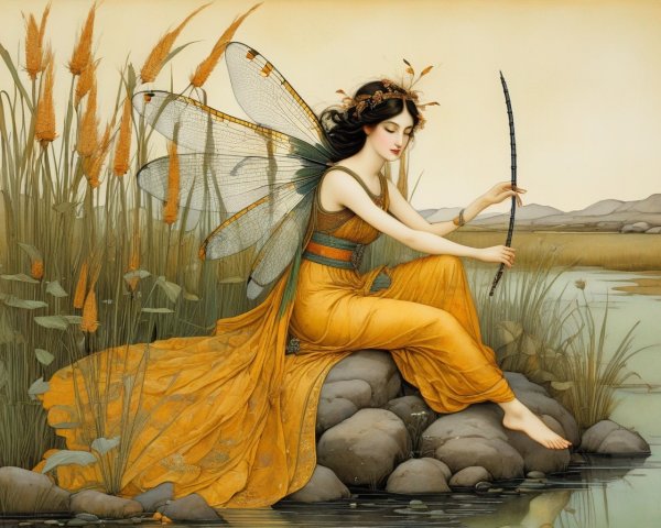 Graceful Female Figure with Wings by Water and Reeds