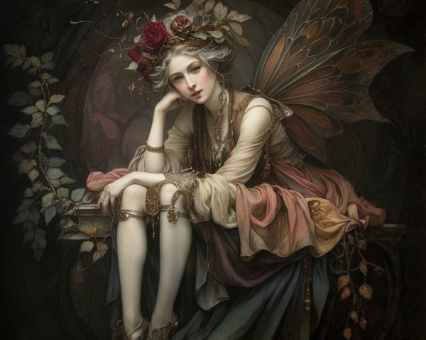 Delicate fairy with butterfly wings in enchanting setting