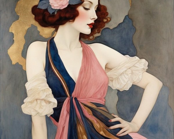 Illustration of a woman in a flowy dress and blue hat