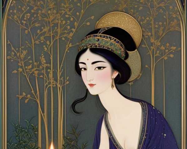 Serene Woman in Deep Blue Gown with Candle and Trees