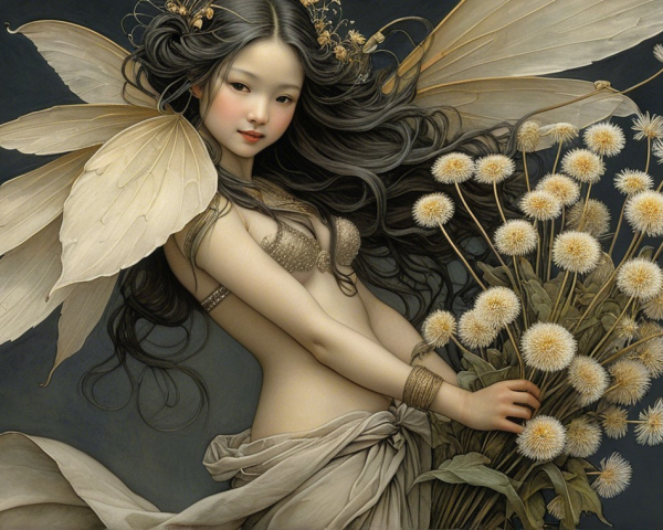 Whimsical Fairy Figure with Delicate Wings and Flowers