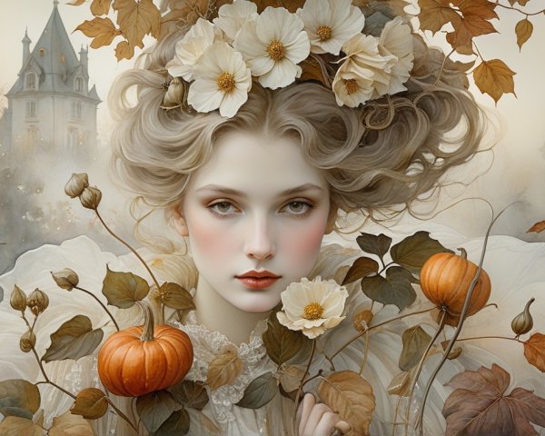 Ethereal Woman in Misty Landscape with Gothic Mansion