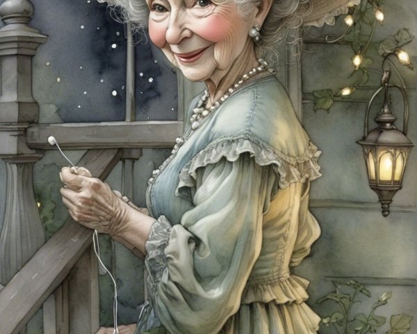 Elderly Woman on Porch with Lanterns and Dog