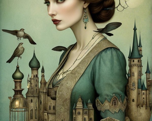 Majestic Woman in Green Gown with Birdcage and Castles
