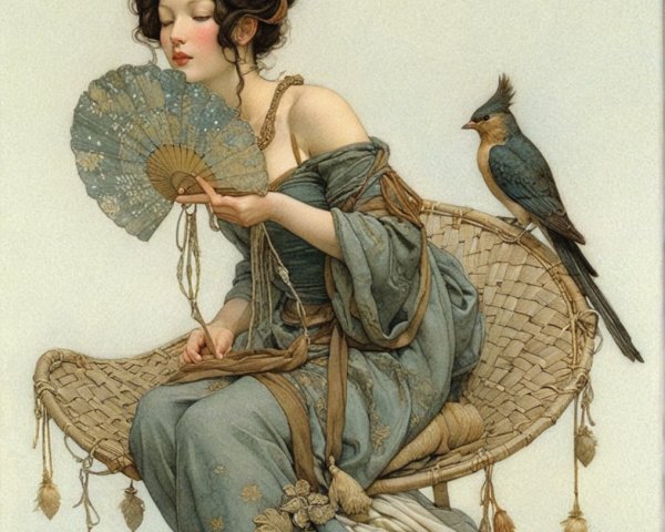 Elegant Woman in Blue Gown with Delicate Fan and Bird