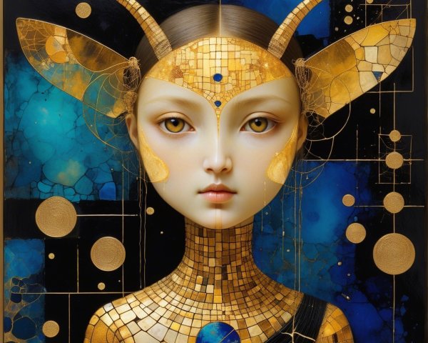Ethereal Female Figure with Golden Hues and Patterns