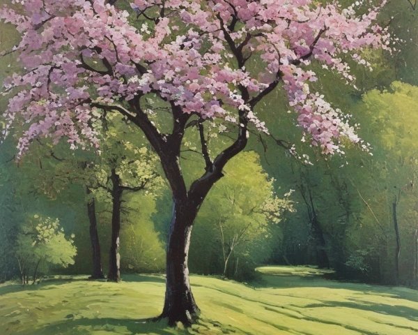 Vibrant Landscape with Blossoming Pink Tree and Grass