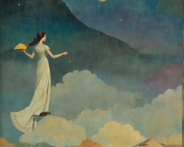 Serene Night Scene with Woman and Colorful Village