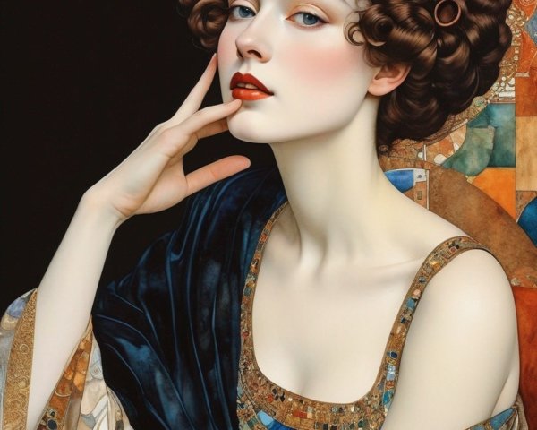 Portrait of woman with curly brown hair, fair skin, red lips in dark blue dress and shawl