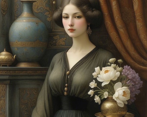 Elegant Woman in Dark Gown with Floral Accents