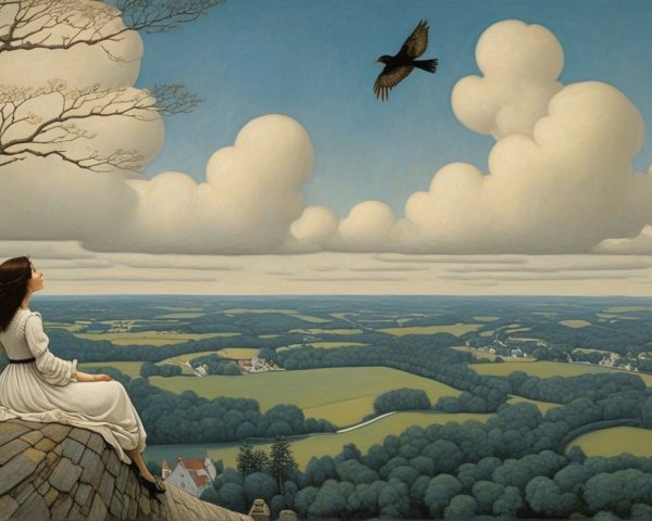 Serene landscape with a woman in a white dress