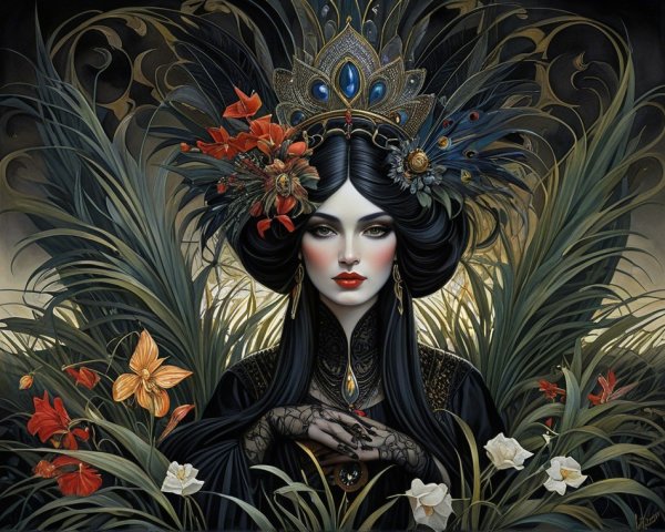 Regal Woman with Crown Surrounded by Lush Foliage