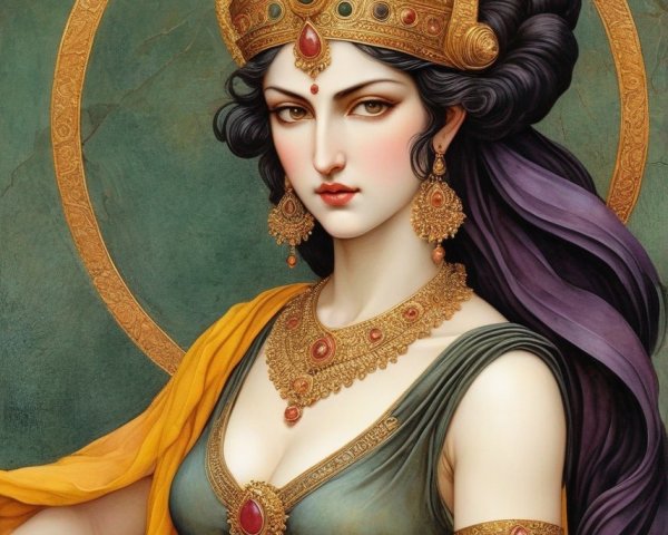 Regal Woman in Golden Crown and Green Dress Illustration