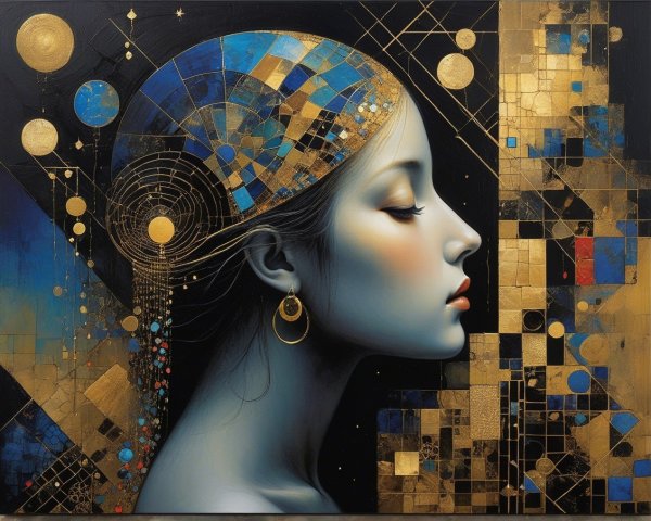 Serene Woman's Profile with Blue Complexion and Golds