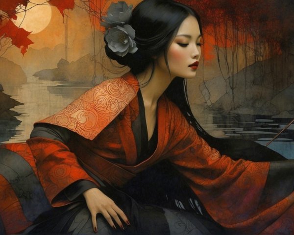 Serene Woman in Red Kimono by Calm Waterway