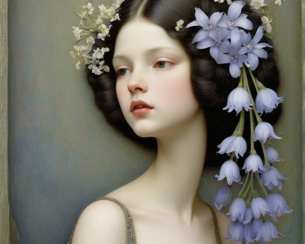 Portrait of a young woman with floral headpiece in blue dress