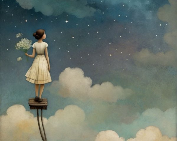 Girl in Vintage Dress on Platform Above Fluffy Clouds