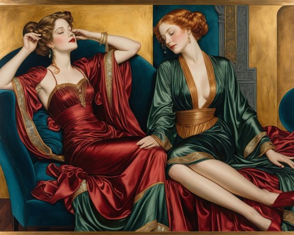 Two women in luxurious teal furniture with elegant attire