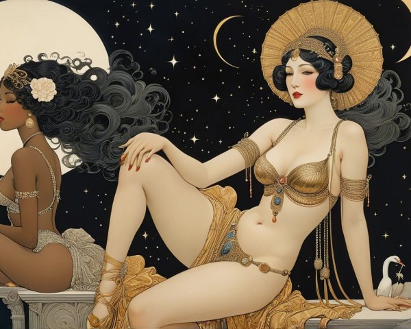 Elegant Women Under a Mystical Night Sky