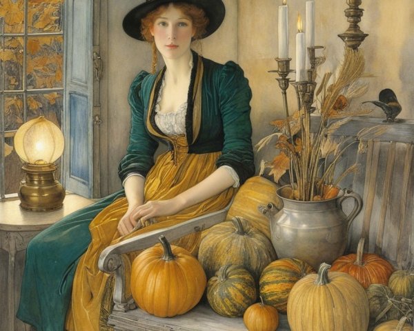 Cozy Room with Young Woman and Autumn Decor