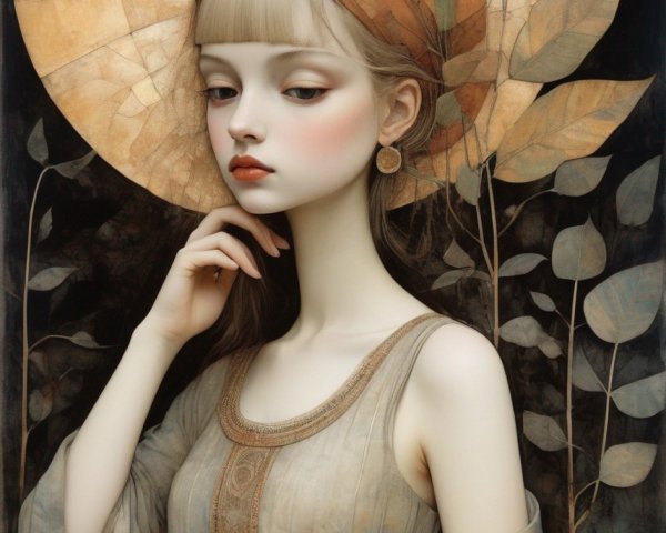 Pensive young woman with wide-brimmed halo hat in muted earth tones