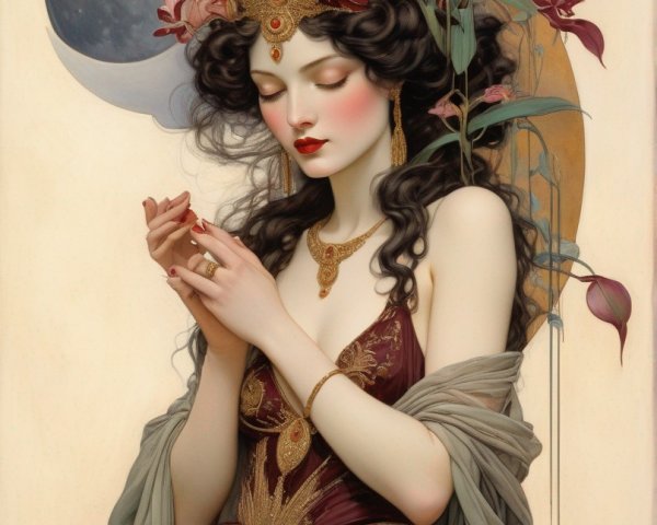 Ethereal woman with red flower headpiece against crescent moon in thoughtful pose