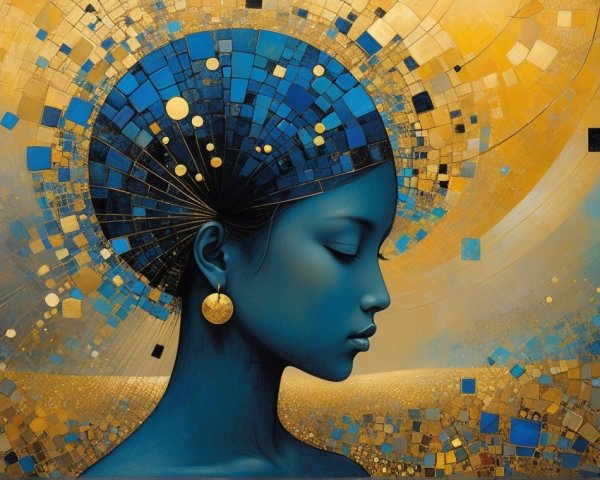 Serene Female Figure with Blue Complexion and Patterns