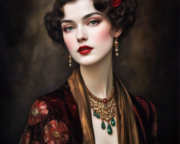 Vintage Woman Portrait with Jeweled Accessories and Floral Robe