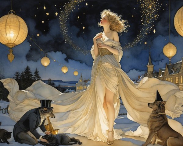 Young woman in white gown amidst snowy landscape